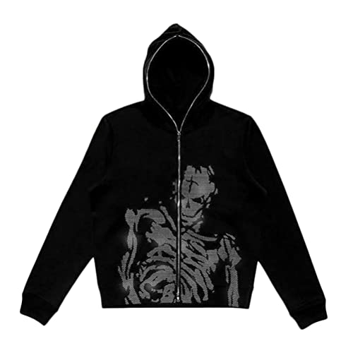 nicticsi Herren Damen Kapuzenpullover Zip Up Hoodie Hip Hop Sweatshirt Jacke Goth Druck Kapuzenjacke mit Reißverschluss Straßenmode Vintage Y2K Harajuku Paare Unisex Herbst Frühling Schwarz5 A L von nicticsi