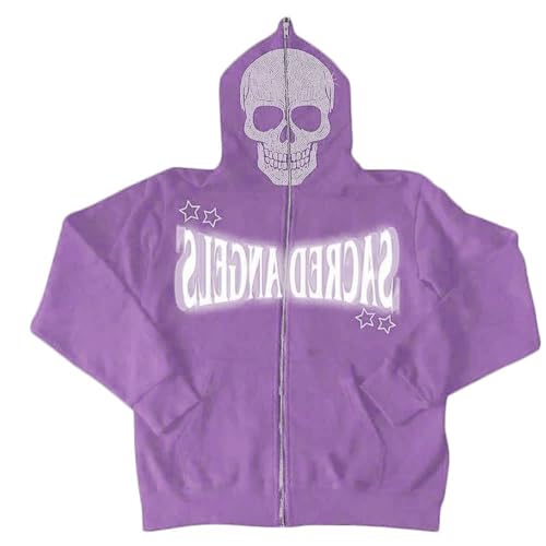 nicticsi Herren Damen Kapuzenpullover Zip Up Hoodie Hip Hop Sweatshirt Jacke Goth Druck Kapuzenjacke mit Reißverschluss Straßenmode Vintage Y2K Harajuku Paare Unisex Herbst Frühling Violett2 A L von nicticsi