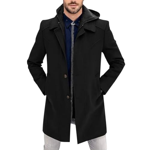 nicticsi Herren Gefälschter Zweiteiliger Wintermantel Warm Praktischer Mantel mit Kapuze Einfarbig Übergangsmantel mit Tasche Casual Business Dick Mantel Einreiher Mantel A Schwarz XS von nicticsi