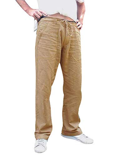 nicticsi Herren Hose Leinenhose Stoffhose Regular Fit Strandhose Leinen mit Kordelzug Straight Lange Hose Männer Mode Sommerhose 3 Braun M von nicticsi