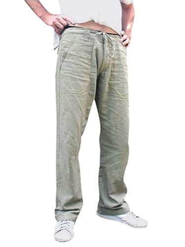 nicticsi Herren Hose Leinenhose Stoffhose Regular Fit Strandhose Leinen mit Kordelzug Straight Lange Hose Männer Mode Sommerhose 3 Grün 3XL von nicticsi
