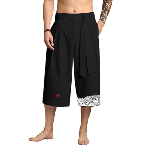 nicticsi Herren Hose mit Weitem Bein Casual Einfarbig Baggy Hose aus Baumwolle und Leinen Klassische Hose mit Kordelzug Haremshose im Chinesischen Stil Jogginghose für Frühling A Schwarz XL von nicticsi