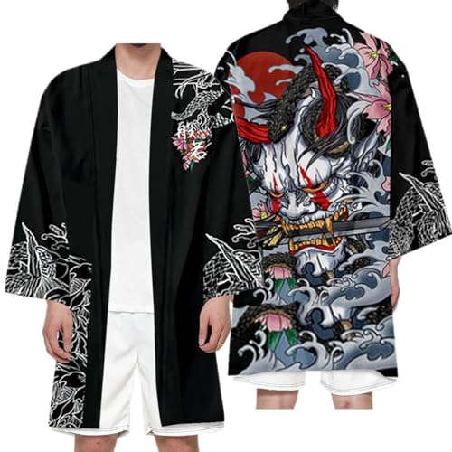nicticsi Herren Japanischen Kimono Cardiqan Bademantel Morgenmantel Robe 3/4 Ärmel Drachen 3D Druck Unisex Lose Bluse Sommer Cardigan Tops Stil 01 L von nicticsi