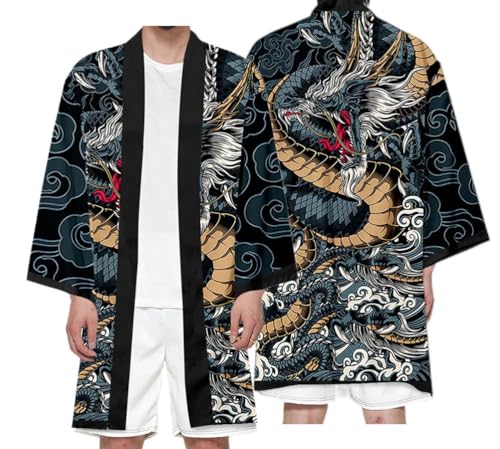 nicticsi Herren Japanischen Kimono Cardiqan Bademantel Morgenmantel Robe 3/4 Ärmel Drachen 3D Druck Unisex Lose Bluse Sommer Cardigan Tops Stil 02 4XL von nicticsi