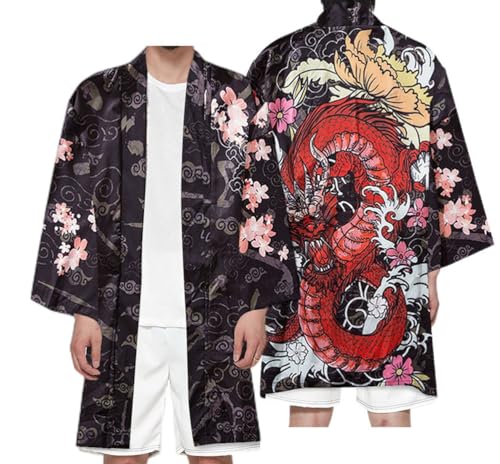 nicticsi Herren Japanischen Kimono Cardiqan Bademantel Morgenmantel Robe 3/4 Ärmel Drachen 3D Druck Unisex Lose Bluse Sommer Cardigan Tops Stil 09 L von nicticsi