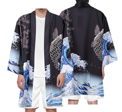 nicticsi Herren Japanischen Kimono Cardiqan Bademantel Morgenmantel Robe 3/4 Ärmel Drachen 3D Druck Unisex Lose Bluse Sommer Cardigan Tops Stil 10 4XL von nicticsi