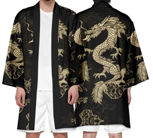 nicticsi Herren Japanischen Kimono Cardiqan Bademantel Morgenmantel Robe 3/4 Ärmel Drachen 3D Druck Unisex Lose Bluse Sommer Cardigan Tops Stil 14 4XL von nicticsi