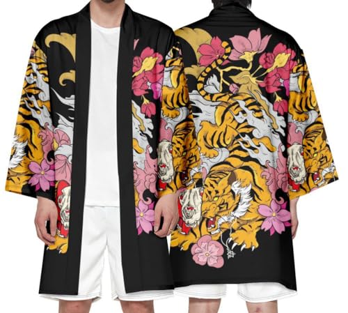 nicticsi Herren Japanischen Kimono Cardiqan Bademantel Morgenmantel Robe 3/4 Ärmel Drachen 3D Druck Unisex Lose Bluse Sommer Cardigan Tops Stil 22 XXL von nicticsi