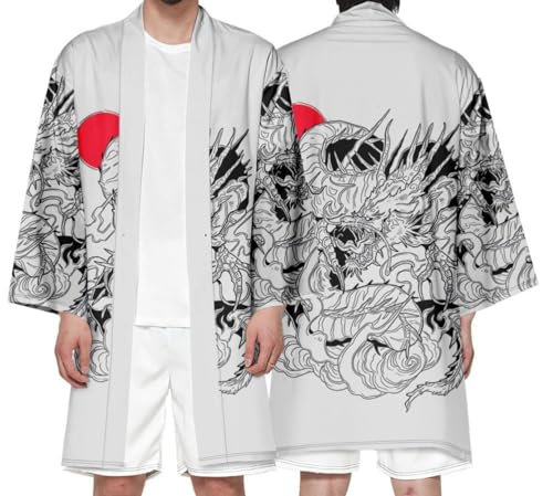 nicticsi Herren Japanischen Kimono Cardiqan Bademantel Morgenmantel Robe 3/4 Ärmel Drachen 3D Druck Unisex Lose Bluse Sommer Cardigan Tops Stil 24 L von nicticsi