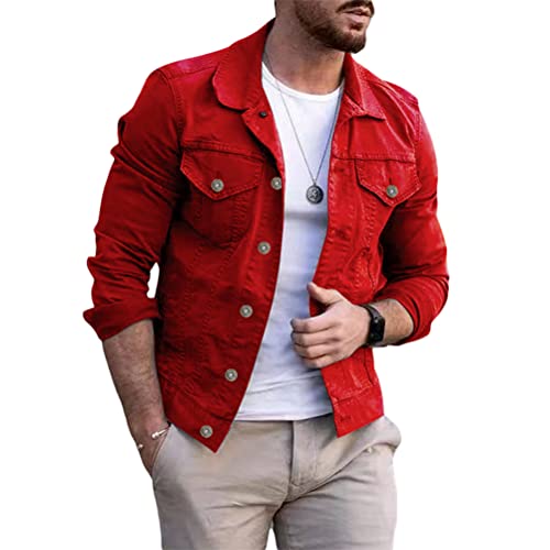 nicticsi Herren Jeansjacke Sweatjacke Jacke Jeans Denim Vintage Übergangsjacke Bikerjacke Langarm Freizeit Trucker Jacket Retro Classic Street Style Revers Coats Outdoor Frühling Herbst Rot XXL von nicticsi