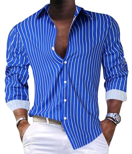 nicticsi Herren Langarm Hemd Gestreiftes Hemd Klassisches Button-Down-Hemd Casual Business Shirt Elegante Semi Formales Hemd Bequemes Revershemd Frühling Sommer Lässig Hemd A Blau XXL von nicticsi