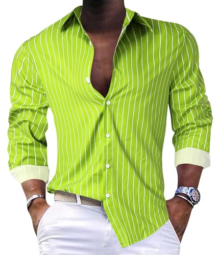 nicticsi Herren Langarm Hemd Gestreiftes Hemd Klassisches Button-Down-Hemd Casual Business Shirt Elegante Semi Formales Hemd Bequemes Revershemd Frühling Sommer Lässig Hemd A Grün XL von nicticsi