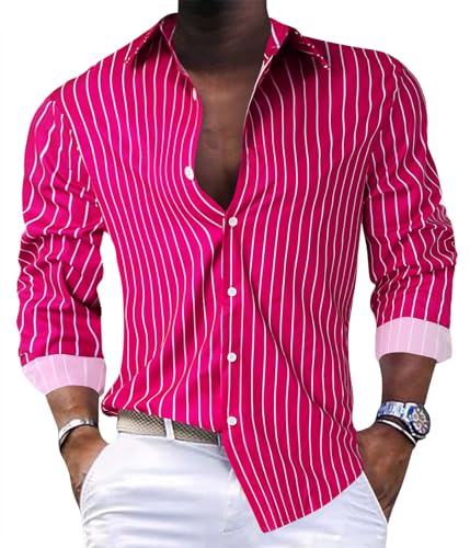 nicticsi Herren Langarm Hemd Gestreiftes Hemd Klassisches Button-Down-Hemd Casual Business Shirt Elegante Semi Formales Hemd Bequemes Revershemd Frühling Sommer Lässig Hemd A Rosa L von nicticsi