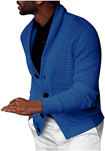 nicticsi Herren Langarm Strickjacke mit V-Ausschnitt Cardigan mit Schalkragen Einfarbig Gerippter Strickpullover Winterpullover Regular Fit Beiläufig Grobstrick Pulli Sweatjacke Blau M von nicticsi