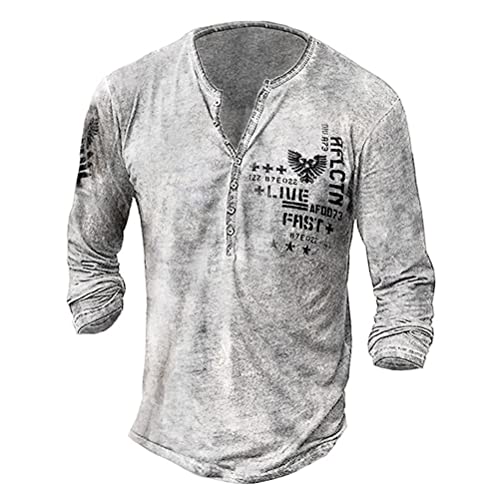 nicticsi Herren Langarmshirt Basic mit Knöpfen Rundhals T-Shirt Sweatshirt Oberteile Blusen Frühling Herbst Vintage Bedrucktes Langärmliges Regular Fit Weiß L von nicticsi