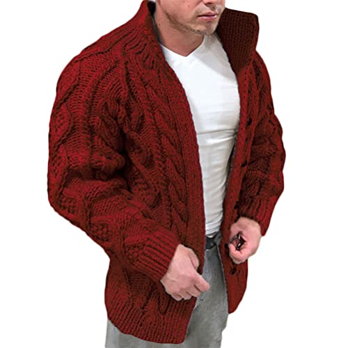 nicticsi Herren Strickjacke Langarm Stehkragen Cardigan Slim Fit Grobstrick mit Buttons Sweatjacke Winterjacke Übergangsjacke Wintermantel Freizeitjacke Rot M von nicticsi