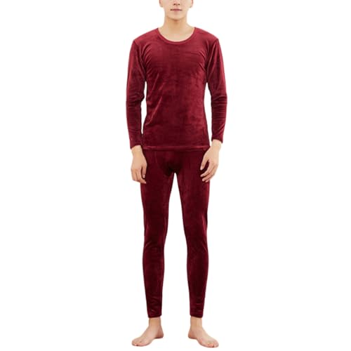 nicticsi Herren Winter Schlafanzug Flanell Pyjama Set Warm Plüsch Langarm Flauschiger Hausanzug Rundhals Pullover + Jogginghose Zweiteiliges Set Bequemes Pyjama-Set für zu Hause B Rotwein S von nicticsi