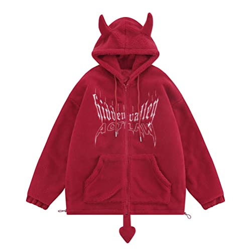 nicticsi Hoodie Damen Kapuzenpullover Y2K Teddy-Fleece Pullover Winterjacke Plüschjacke Herbst Winter Casual Warm Sweatshirt Outwear Teenager Mädchen Plüsch Mantel mit Teufelshörner Kapuze A Rot M von nicticsi