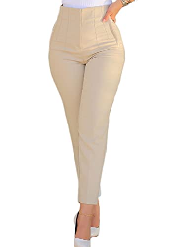 nicticsi Hosen Damen Elegante Anzughose Slim Fit Business Stoffhose Freizeithose Hohe Taille Schmales Bein Mit Taschen Casual Daily Office Hose A Beige L von nicticsi