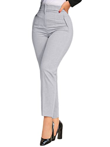 nicticsi Hosen Damen Elegante Anzughose Slim Fit Business Stoffhose Freizeithose Hohe Taille Schmales Bein Mit Taschen Casual Daily Office Hose A Hellgrau M von nicticsi