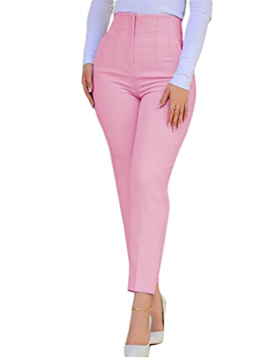 nicticsi Hosen Damen Elegante Anzughose Slim Fit Business Stoffhose Freizeithose Hohe Taille Schmales Bein Mit Taschen Casual Daily Office Hose A Rosa M von nicticsi