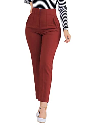 nicticsi Hosen Damen Elegante Anzughose Slim Fit Business Stoffhose Freizeithose Hohe Taille Schmales Bein Mit Taschen Casual Daily Office Hose A Rot L von nicticsi