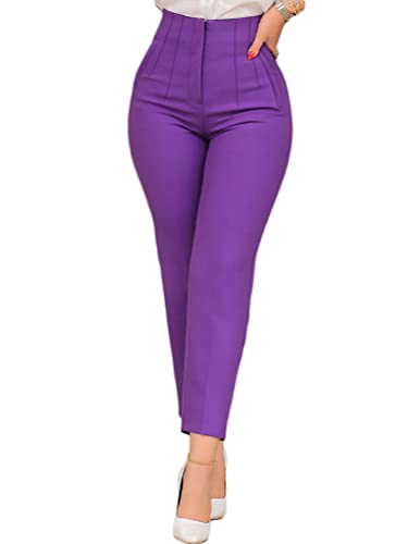 nicticsi Hosen Damen Elegante Anzughose Slim Fit Business Stoffhose Freizeithose Hohe Taille Schmales Bein Mit Taschen Casual Daily Office Hose A Violett M von nicticsi