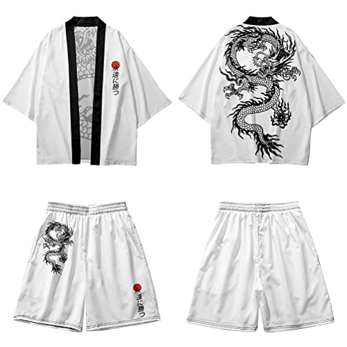 nicticsi Japanisch Kimono Herren Drachen Drucken Cardigan Lose Kurzarm 3/4 Hülse Kimono Baggy Top Bunte National Print Japanische Kleidung Schlafanzug Hausanzug Stil4 M von nicticsi