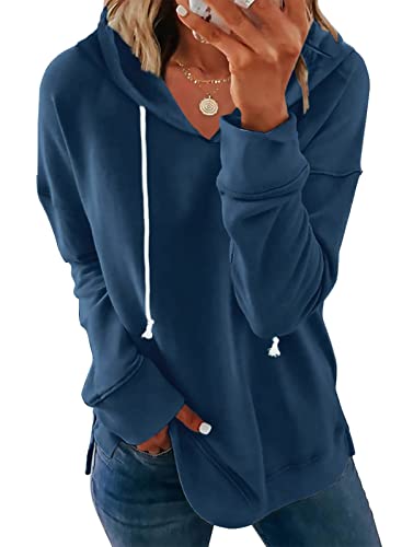 nicticsi Kapuzenpullover Damen Hoodie Kordelzug Sweatshirt Leichter Pullover Rundhals Baumwolle Long Slim Fit Einfarbig Freizeit Sport Langarmshirt Fitness Training Basic Blau XL von nicticsi