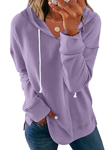 nicticsi Kapuzenpullover Damen Hoodie Kordelzug Sweatshirt Leichter Pullover Rundhals Baumwolle Long Slim Fit Einfarbig Freizeit Sport Langarmshirt Fitness Training Basic Lila L von nicticsi