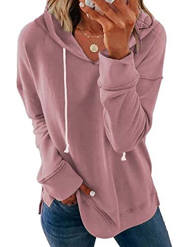 nicticsi Kapuzenpullover Damen Hoodie Kordelzug Sweatshirt Leichter Pullover Rundhals Baumwolle Long Slim Fit Einfarbig Freizeit Sport Langarmshirt Fitness Training Basic Rosa XL von nicticsi