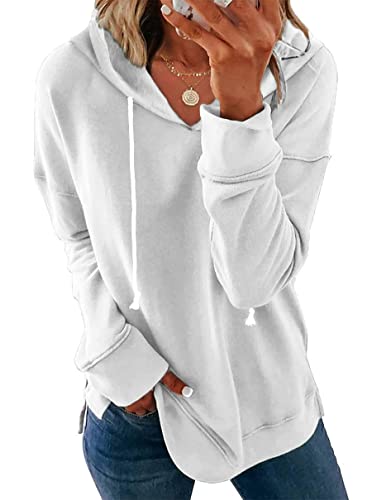 nicticsi Kapuzenpullover Damen Hoodie Kordelzug Sweatshirt Leichter Pullover Rundhals Baumwolle Long Slim Fit Einfarbig Freizeit Sport Langarmshirt Fitness Training Basic Weiß M von nicticsi