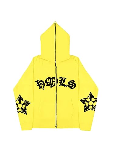 nicticsi Kapuzenpullover Y2K Jacke Zip Up Hoodie Herren Damen Sweatshirt Harajuku Punk Hip Hop Sweatjacke Vintage 90er E-Girl Paare Unisex Übergangsjacke Streetwear G Gelb S von nicticsi