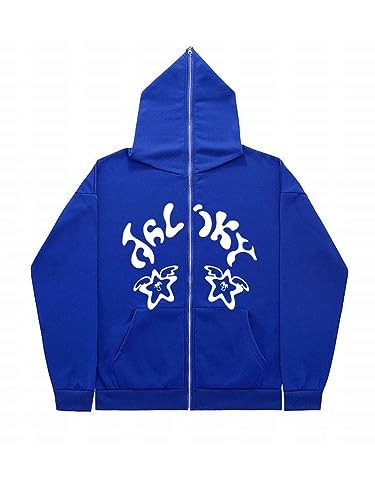 nicticsi Kapuzenpullover Y2K Jacke Zip Up Hoodie Herren Damen Sweatshirt Harajuku Punk Hip Hop Sweatjacke Vintage 90er E-Girl Paare Unisex Übergangsjacke Streetwear H Blau S von nicticsi