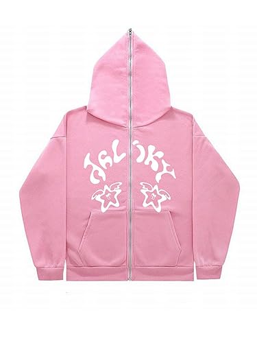 nicticsi Kapuzenpullover Y2K Jacke Zip Up Hoodie Herren Damen Sweatshirt Harajuku Punk Hip Hop Sweatjacke Vintage 90er E-Girl Paare Unisex Übergangsjacke Streetwear H Rosa L von nicticsi