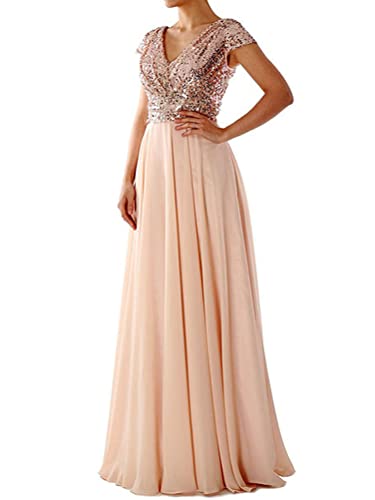 nicticsi Kleid Damen Elegant Pailletten V Ausschnitt Chiffon Bodenlang Abendkleid Sexy Kurzarm Hoch Taille Cocktailkleid Abschlussball Partykleid Maxikleid Brautjungfernkleid A Beige XL von nicticsi