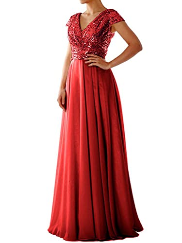 nicticsi Kleid Damen Elegant Pailletten V Ausschnitt Chiffon Bodenlang Abendkleid Sexy Kurzarm Hoch Taille Cocktailkleid Abschlussball Partykleid Maxikleid Brautjungfernkleid A Rot 3XL von nicticsi