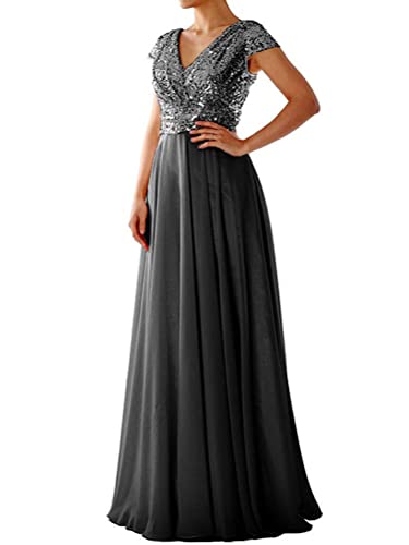 nicticsi Kleid Damen Elegant Pailletten V Ausschnitt Chiffon Bodenlang Abendkleid Sexy Kurzarm Hoch Taille Cocktailkleid Abschlussball Partykleid Maxikleid Brautjungfernkleid A Schwarz M von nicticsi