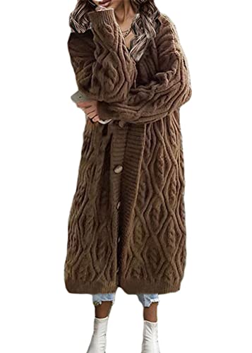 nicticsi Lange Strickjacke für Damen Trendiger Cardigan Strick Mantel Jacke Frühling Herbst Winter Outwear Strickmantel mit Taschen A Kaffee XXL von nicticsi