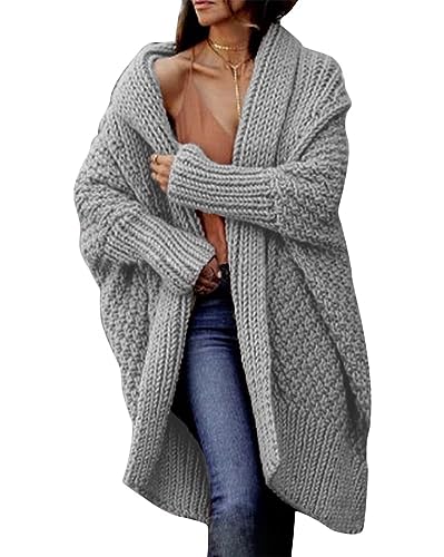 nicticsi Lange Strickjacke für Damen Trendiger Cardigan Strick Mantel Jacke Frühling Herbst Winter Outwear Strickmantel mit Taschen B Grau L von nicticsi