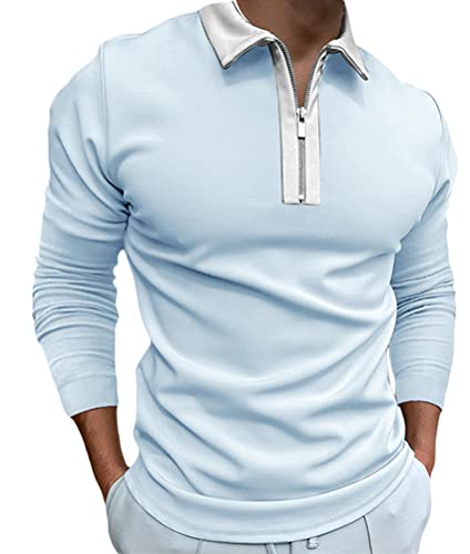 nicticsi Poloshirt Herren Langarm mit Kragen mit Halbem Reißverschluss Slim Fit Polohemd Klassische Gestreifte Karo Druck Golf T-Shirt Casual Tops E Hellblau XXL von nicticsi