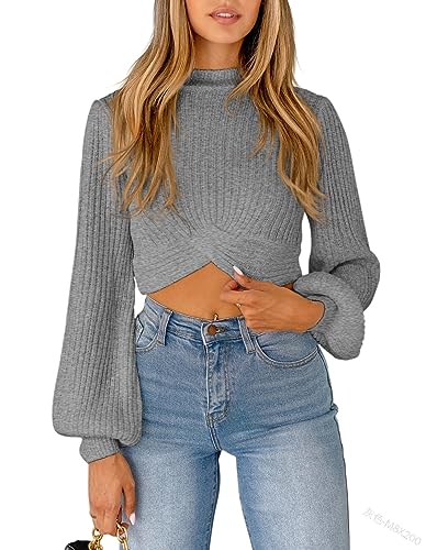 nicticsi Pullover Für Damen Kurz Geschnittene Pullover Mit Hoher Kragen Langärmelige Laterne Crossover Sweatshirt Elegant Strickpullover Slim Fit Tunika Tops A Grau M von nicticsi