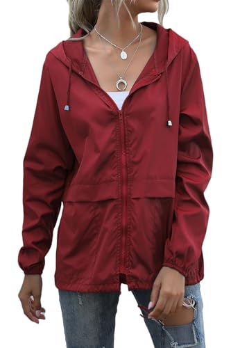 nicticsi Regenjacke Damen Leichte Outdoor Kurze Jacke Wasserdicht Übergangsjacke mit Kapuze Sportjacke Outdoorjacke Laufjacke Windbreaker Dünne Regenjacke Leichte Kurzmantel A-Rotwein L von nicticsi