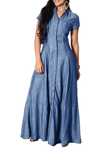 nicticsi Sommerkleid Damen Lang Elegant Boho Jeanskleid Knopf Loose Casual Kleider Kurzarm Skleid V Ausschnitt Einfarbig Maxi Kleider Tunika Hemd Blusenkleid A Blau 2XL von nicticsi