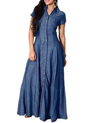 nicticsi Sommerkleid Damen Lang Elegant Boho Jeanskleid Knopf Loose Casual Kleider Kurzarm Skleid V Ausschnitt Einfarbig Maxi Kleider Tunika Hemd Blusenkleid A Dunkelgrau 3XL von nicticsi