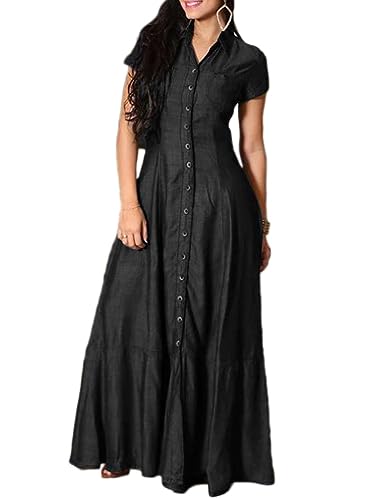 nicticsi Sommerkleid Damen Lang Elegant Boho Jeanskleid Knopf Loose Casual Kleider Kurzarm Skleid V Ausschnitt Einfarbig Maxi Kleider Tunika Hemd Blusenkleid A Schwarz 3XL von nicticsi