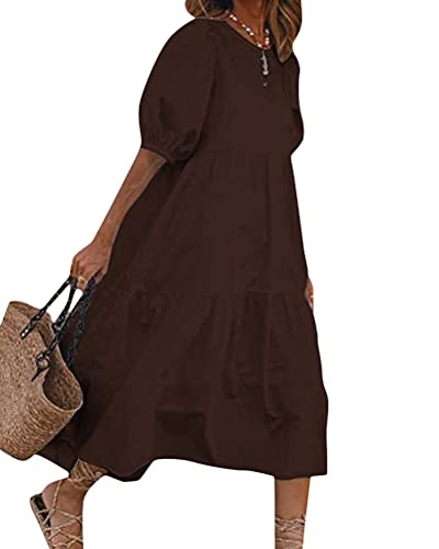 nicticsi Sommerkleid Damen Lang Maxikleid Elegant Boho Freizeitkleid Sommer Retro Swing Tunika T-Shirt Kleid Weit Geschnitten Große Größen Strandkleid Blusenkleid A Kaffee XXL von nicticsi