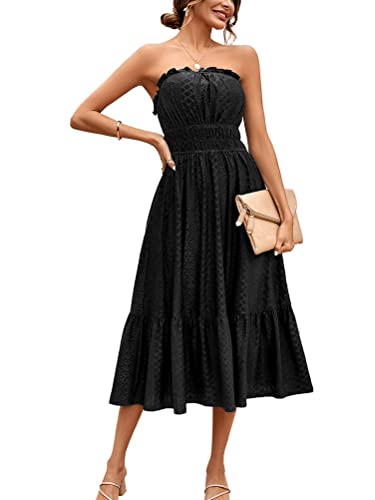 nicticsi Sommerkleid Damen Sexy Trägerloses Brustwickelkleid Elegant Einfarbig Rüschen Lange Kleid Freizeitkleid Hohe Taille Lässig Strandkleid Casual Lose Flowy Kleid Cocktailkleid A Schwarz XL von nicticsi