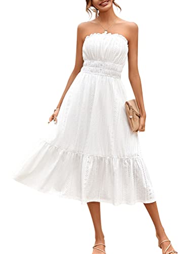 nicticsi Sommerkleid Damen Sexy Trägerloses Brustwickelkleid Elegant Einfarbig Rüschen Lange Kleid Freizeitkleid Hohe Taille Lässig Strandkleid Casual Lose Flowy Kleid Cocktailkleid A Weiß XL von nicticsi