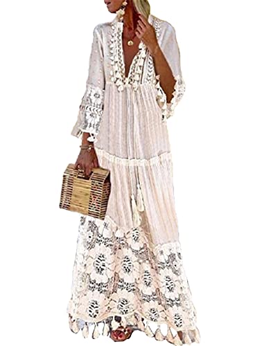 nicticsi Sommerkleider Damen Lang Boho Elegant Maxi Kleider V-Ausschnitt Bohemian A-Linie Freizeitkleid Langarm Tunika Kleid Quaste Casual Blumenkleider Spitze Bestickte Strandkleid Weiß M von nicticsi